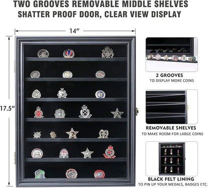 Military Challenge Coin Display Case Lockable Wood Cabinet Rack Holder Black Shadow Box with Removable 2 Grooves Shelves and Anti Fade Real Glass Door for Casino Poker Chips Collectibles