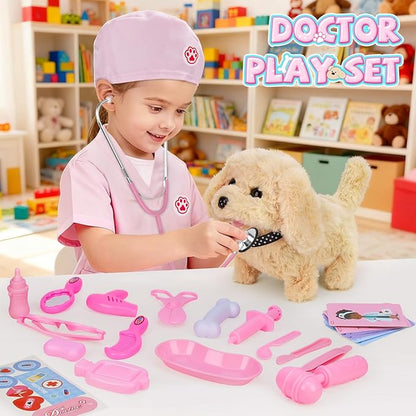Doctor Kit for Toddlers, 27 Pcs Veterinarian Playset with Walking Dog Toy, Carrying Bag, Stethoscope & Dress Up Costume, Pretend Play Vet Toy for Girls Christmas Birthday Gift Ages 3-6