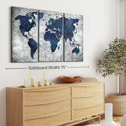 ElephantStock Deep Blue World Map Multi Piece Canvas - 3 Panel Wall Decor - Map of the World Art - Canvas for the Office and Home - 65" X 42"