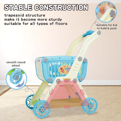 Kids Shopping Cart - 2 in 1 Toy Shopping Cart with Play Food Fruit Vegetable Dessert and Shop Accessories, 72pcs Pretend Play Grocery Store Toy Kitchen Game Trolley Play Set for Kids (Blue)