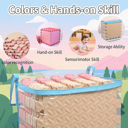 36 Tiles Foam Play Mat for Baby, 0.4 Inch Thick Foam Interlocking Floor Mats, Soft Non-Toxic Baby Playmat, Solid Colored Puzzle Play Mat Kids Floor Mats for Toddler(Beige/Loli Pink)