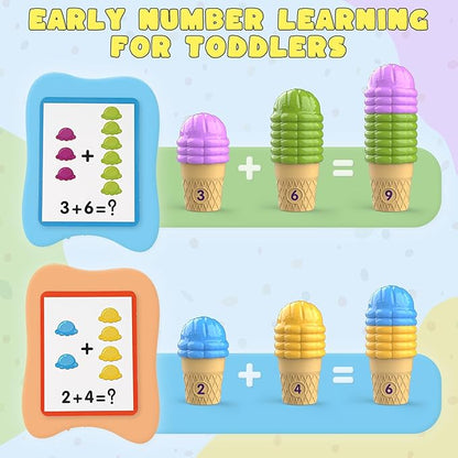 Ice Cream Color Sorting Toys for Toddlers, Montessori Counting Pretend Play Toys - 76 Pieces, Early Math Manipulatives Learning Toys with 10 Educational Number Cards for Preschool Kids (Number)