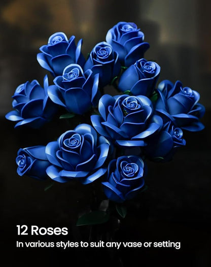 iATOM Blue Rose Bouquet Building Set, Artificial Flowers Botanical Collection for Adults - Gift for Halloween, Gothic Retro Home Office Table Centerpiece Decor - IA11007