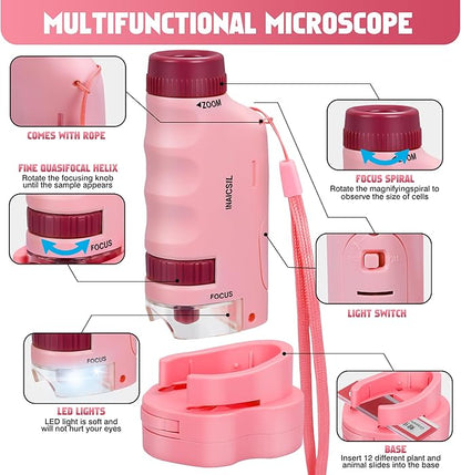 Portable Microscope for Kids Zoom 60x-180x,Handheld Mini Microscope STEM & Science Toys,LED Pocket Little Scientist Microscopes with 12pcs Slides,Gifts for 6,7,8,9,10+ Girls Boys（2PCS Pink）