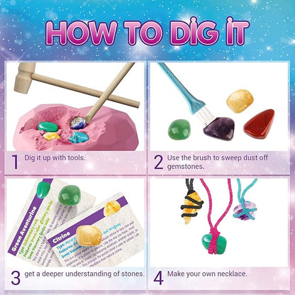 6PCS Gemstone Dig Kit for Kids – Dig Up Amethyst, Lapis Lazuli, Citrine, Red Jasper, Aventurine & Turquoise – DIY Jewelry Making STEM Science Kit Gift for Girls and Boys Ages 6+