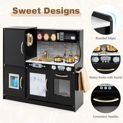 Costzon Kids Kitchen Playset, Wooden Pretend Cooking Toy Set w/Real Sound, Large Blackboard, Telephone, Microwave, Ice Maker, Dishwasher, Oven, Storage Space, Play Kitchen for Kids Ages 3+ (Black)