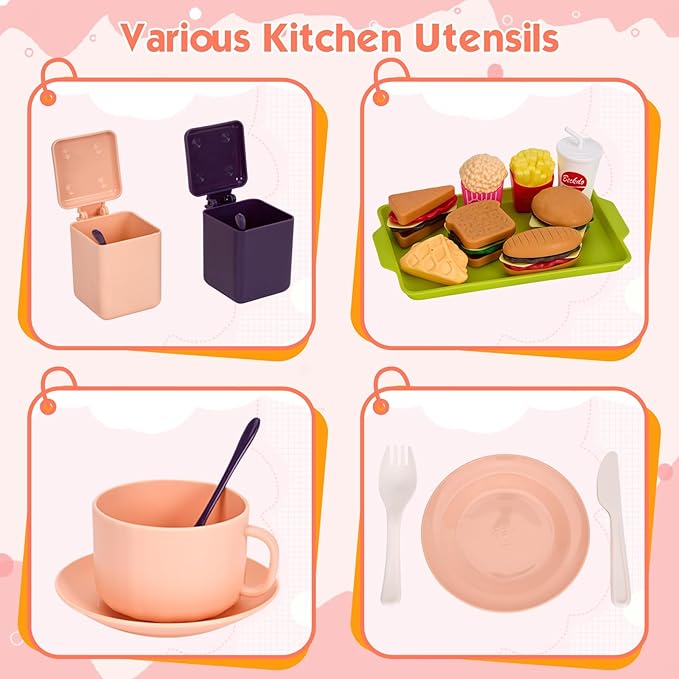 118Pcs Mini Play Kitchen Accessories for Kids, Pretend Cooking Playset with Cookware, Tableware & 2 Fruit Sets, Learning Gift for Girls, Boys, Toddlers, Pink