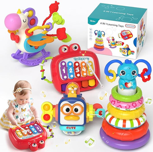 4 in 1 Baby Toys for 6-12 Months, Infant Sensory & Stacking for 1 Year Old, Dinosaur Busy Cube Toys for Babies 6-9-12 Months, Piano Xylophone Musical Travel Toy, Christmas Birthday Gifts for Toddler