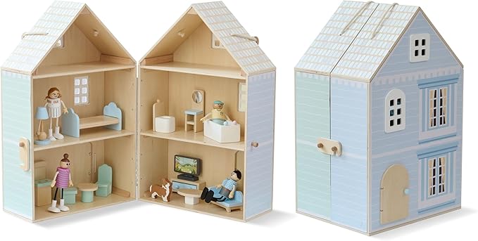 Olivia's Little World Folding Wooden Dollhouse – 3-Story Portable Playhouse with Furniture, Family Figures & Pet, Built-in Carry Handle, Compact Fold-Up Design Toy for Ages 3+