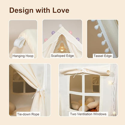 Play Tent for Kids with Star Lights, Flags, Pompoms & Gift Box, 2-in-1 Tent for Toddler with Metal Frame, Kids Indoor Playhouse, 40"x47"x50", Toy Gift for Boys & Girls