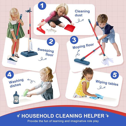 Jenilily Toddler Toys Cleaning Set, Kids Cleaning Toy Stand Set, Pretend Play Home Cleaning Tools Toys Playset，Broom, Dustpan, Mop, Duster