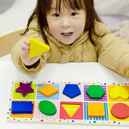 Dailyfunn Wooden Geometric Shape Puzzle (10 pcs) Toddler Puzzles for Ages 1-3 Years Old 12-18-24 Months