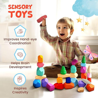 Wooden Stacking Rocks - 40 Pcs Montessori Sensory Learning Toys for Kids 3-9 | Balance Building Blocks Educational STEM Toys for Boys Girls