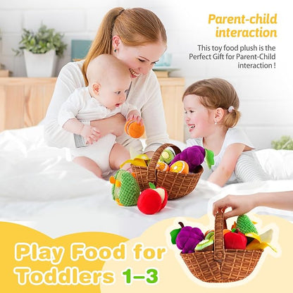 Play Food for Toddler 1-3, Plush Pretend Food Set with Sorting Fruit Basket, Baby Sensory Toys 6-12 Months, Montessori Learning Early Educational Toy for Infants, Gifts for 1 Year Old Boy Girl