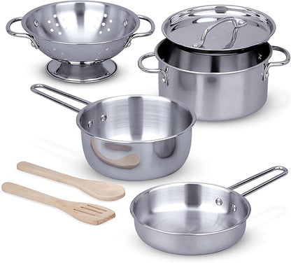 Melissa & Doug Stainless Steel Pots & Pans, 8 Piece Play Kitchen Set, Premium Play Kitchen Accessories & Cooking Utensils, Preschool Toys for Kids 3+