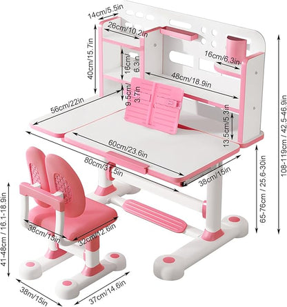 2025 NEW Kid's Study Desk and Chair Set, Ergonomic Height Adjustable Children Study Desk with Tilt Desktop, Book Stand, Light, Metal Hook and Storage Drawer,Gift for Boys Girls (Pink 119cm lean)