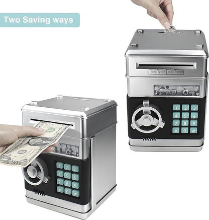 Piggy Bank Electronic Mini ATM for Kids Toy, Safe Money Saving Box Coin Banks Password Code Lock for 3-14 Years Old Kids, Boys Girls Ideal Gift (Silver)