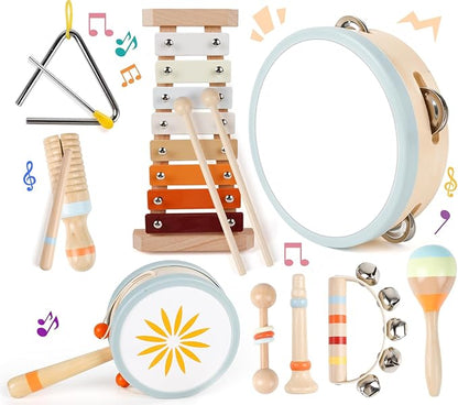 Toddler Musical Instruments-Montessori Wooden Educational Toys for Toddlers 1-3 Baby Musical Instruments Neutral Color Musical Instruments Set with Xylophone Maracas Bell Birthday Gift for Ages 1 2 3