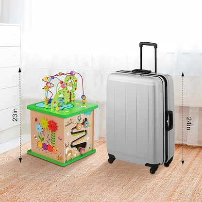TOOKYLAND 5 in 1 Activity Center, Wooden Large Activity Play Cube 23"X13"X13", Wooden Learning Puzzle Toy for Toddlers, with Animal Friends, Shapes, Mazes, Shape Sorter