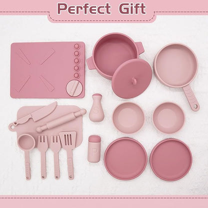 Play Kitchen Accessories, Silicone Pretend Play Kitchen Toys Set, Play Kitchen Pots and Pans Set for Kids, Learning Education Cooking Toys for Girls(Pink)