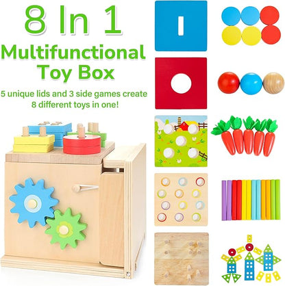 JUSTWOOD Montessori Toys for 1+ Year Old, 8-in-1 Wooden Play Kit Includes Object Permanent Box, Learning Activity Cube, Sorting & Stacking Toy, Carrot Harvest Game, Gift for Boys Girls Age 12+ Months