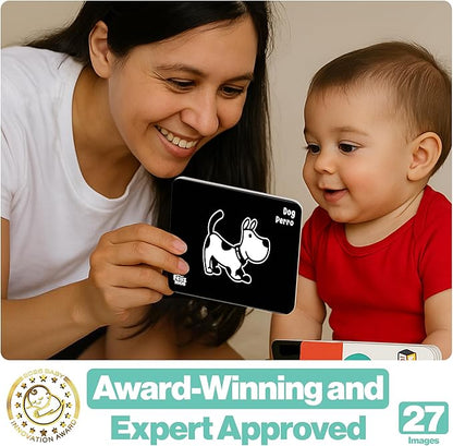Happy Start High Contrast Baby Cards for Newborns - Black & White Cards, Water-Resistant, BPA-Free, Portable Educational Flashcards for Visual Stimulation, Award-Winning, Ages 0+ (English & Español)