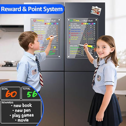 PigPotParty Acrylic Magnetic Chore Chart for Kids, 12"x16" Reward Responsibility Chart, Chores Checklist, 2 Weekly Dry Erase Fridge Board for Teens Adult Family Multiple Kids, w/ 12 Markers & Towel