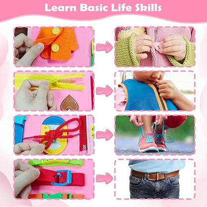 MAJAVI Busy Board Montessori Toys for 1 2 3 4 Year Old, Busy Book for Toddlers 1-3 Boys Girls Birthday Gifts, Sensory Educational Activities Travel Toys for Learning Fine Motor Skills, Pink-3 Pages