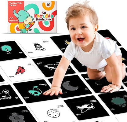 Happy Start High Contrast Baby Cards for Newborns - Black & White Cards, Water-Resistant, BPA-Free, Portable Educational Flashcards for Visual Stimulation, Award-Winning, Ages 0+(English & Vietnamese)