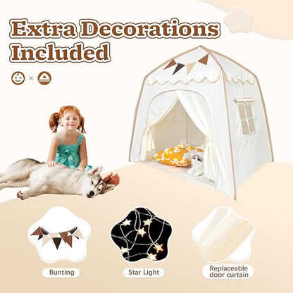Toddler Bed Tent, Kids Play Tent with Flags, Star String, Portable Bed Canopy for Boys & Girls, Children, Indoor Outdoor Dome Playhouse, Cream, 51" x 39" x 51"