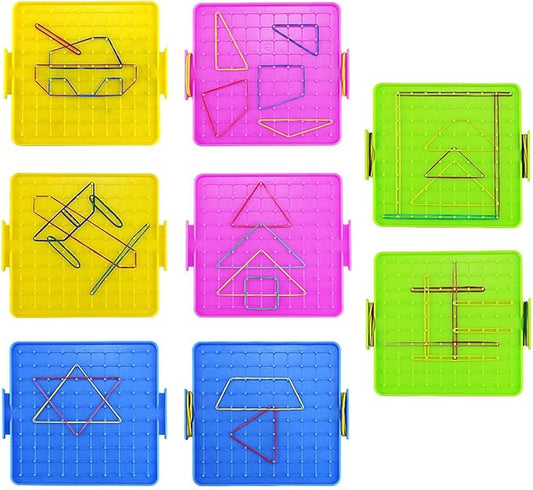 8 Pack Plastic Mathematical Manipulative Material Array Block Geo Board with 80 Latex Bands for Kids(4 Colors)