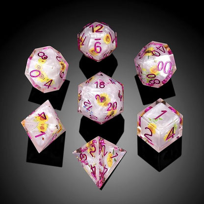 Resin Dice Set DND,DNDND Handmade Resin Sharp Edge Die with Gift Case for D&D Dungeons and Dragon Games (Flowers and Butterflies)