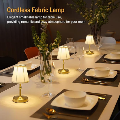 5w Led Cordless Mini Lamps,3000 mah Battery Operated Lamp,3 Color Temperature Dimmable Table Lamp,Gold Rechargeable Table Lamp Fabric,Aesthetic Small kitchen Lamp for Counter,Restaurant,Bar,H9.8"