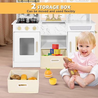 JOYLDIAS Play Kitchen, Wooden Kids Play Kitchen Playset Chef Pretend Play Set for Toddlers w/Ice Cube Dispenser, Oven, Cooking Accessories,Trendy Home Style w/Curtains, Storange Box, Gift for Ages 3+