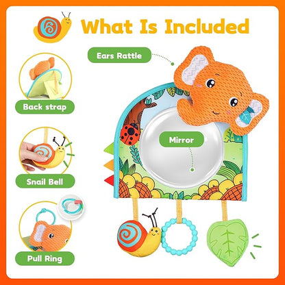 Baby Car Seat Toys - Mirror, Teether & Crinkle Paper - Rear Facing & Tummy Time - Fun Travel Toy