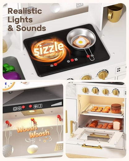 BIERUM Wooden Play Kitchen for Kids Ages 3-8 with Lights & Sounds, Pretend Play Kitchen Set with Stove, Ice Maker, Coffee Maker, Oven & Accessories, Toddler Kitchen Playset for Boys and Girls (White)