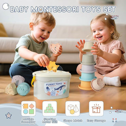 Bath Toys, 21PCS | Montessori Toys for Babies with Shapes for Sorting Play & Stacking Cups | Bath Boats & Spoon with Storage Container | Educational & Mold Free Bathtub Water Toys for Toddler Gifts