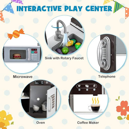 Costzon Corner Kids Kitchen Playset, Wooden Toy Kitchen Set with Range Hood, Ice Maker, Pretend Telephone, Sink, Faucet, Microwave, Oven, Play Kitchen with Lights and Sounds for Toddlers (Brown)