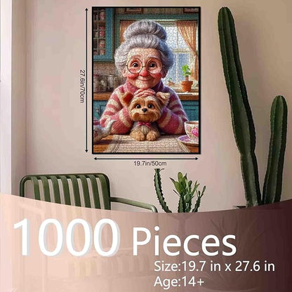 Sweet Grandma with Puppy Jigsaw Puzzles 1000 Pieces Afternoon Tea Time Art Jigsaw Puzzles for Challenging Family Games Cozy Kitchen DIY Handwork Puzzle for Home Wall Decor Gifts 20x27 Inches