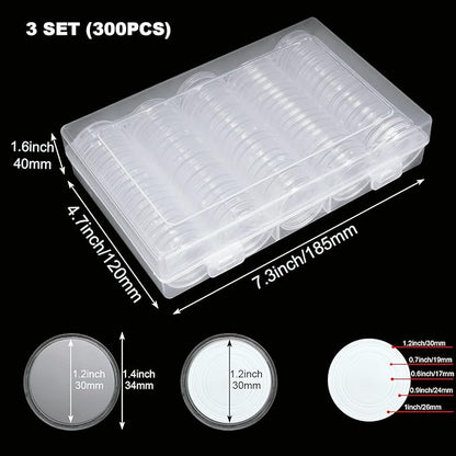 300 PCS Coin Capsules 30mm Plastic Coin Storage Box, Assorted Sizes Coin Collection Supplies Clear Coin Storage Case, Round Silver Dollar Coin Holders with Foam Protect Gasket (17/20/25/27/30mm)