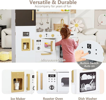 Kinder King Wooden Kids Play Kitchen, Toy Kitchen Playset for Toddler, Play Kitchen Set w/Blackboard, Transparent Coloring Board, Pretend Dishwasher, Oven, Ice Maker, Gift for Boys Girls Age 3+, White