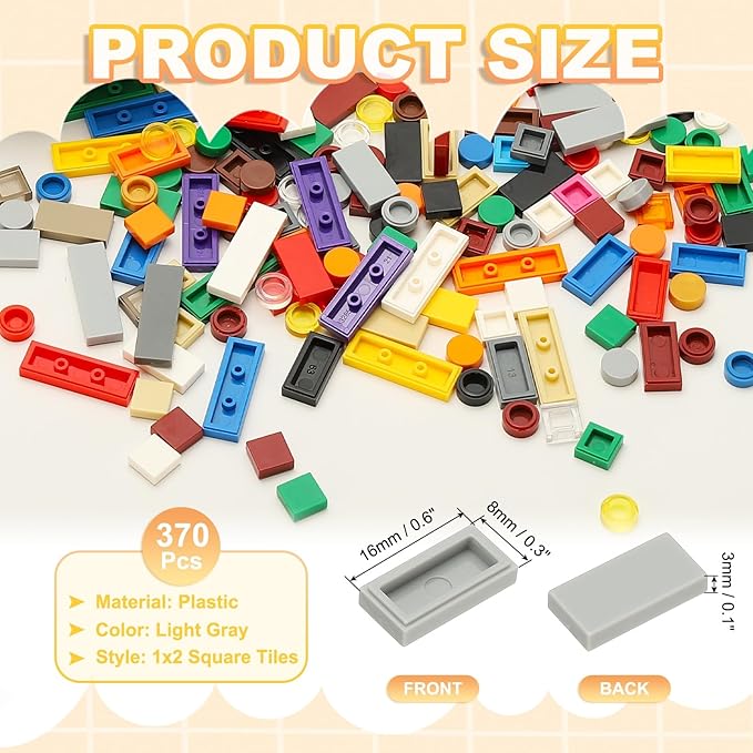 PATIKIL 370 Pcs Flat Blocks Bulk, 1x2 Square Light Gray Classic Tiles Smooth Surface Mini Building Blocks Accessories Compatible Bricks Kits for Building Floor Walls Mosaic Pixel Art