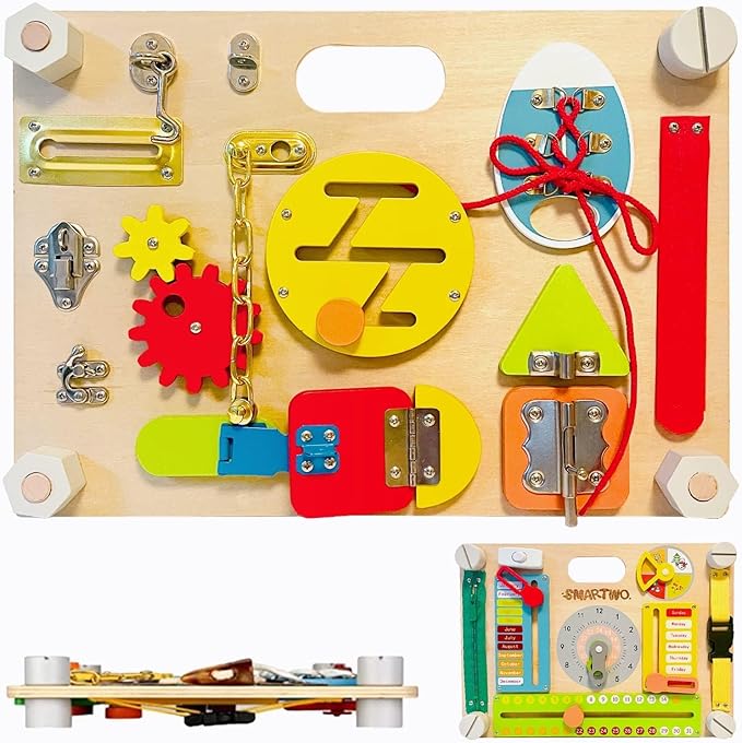 Double-Sided Montessori Busy Board for Toddlers 3-5, Train Babies Fine Motor Skills, Toddler Boy Toy of Sensory Activity Board, Wooden BusyBoard for 3+ Year Old Kids Birthday Gift