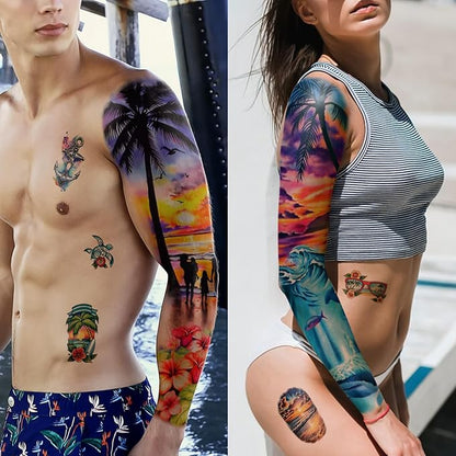 48 Sheets Temporary Tattoos for Adults - Tropical Waterproof Arm Tattoo Stickers with Hawaiian Beach Palm Trees Sunset Flowers, Large Full Arm Fake Tattoo Body Art for Men Women Teens for Summer Party