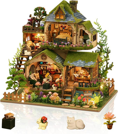 Foyucool Miniature House Kit, Mini House Building Kit with Light, Dollhouse Kits for for Adult to Building, Forest Adventure