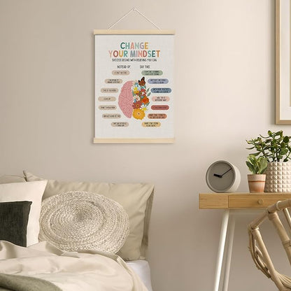 MOTERMATE Boho Growth Mindset Wall Art Poster, Calming Decor, Motivational Canvas Poster Hanger Frame, Homeschool Mental Health Wall Hanging Banner Decor for Classroom, Calming Corner Items, 12x16Inch
