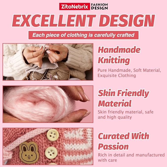 Cloth for 15cm ＆ 17cm Doll,5-Piece Handcrafted Crochet Outfit(NO Doll) - Pink Clothes + Bear- Velvet hat + Glasses + Shoulder Bag + White Shoes (Light Pink Clothes)