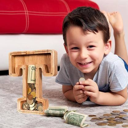 SummiDate Wooden Letter Piggy Bank Piggy Bank for Boys and girls Alphabet Money Bank Thanks Giving Gifts(Initial-T)