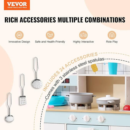 VEVOR Play Kitchen for Kids, Wooden Toy Kitchen Set with Lights and Sounds, Toddler Kitchen with Ice Maker, Oven, Sink, Microwaves, Fridge and Utensil and Fruit Accessory for Toddlers Ages 3-8, White