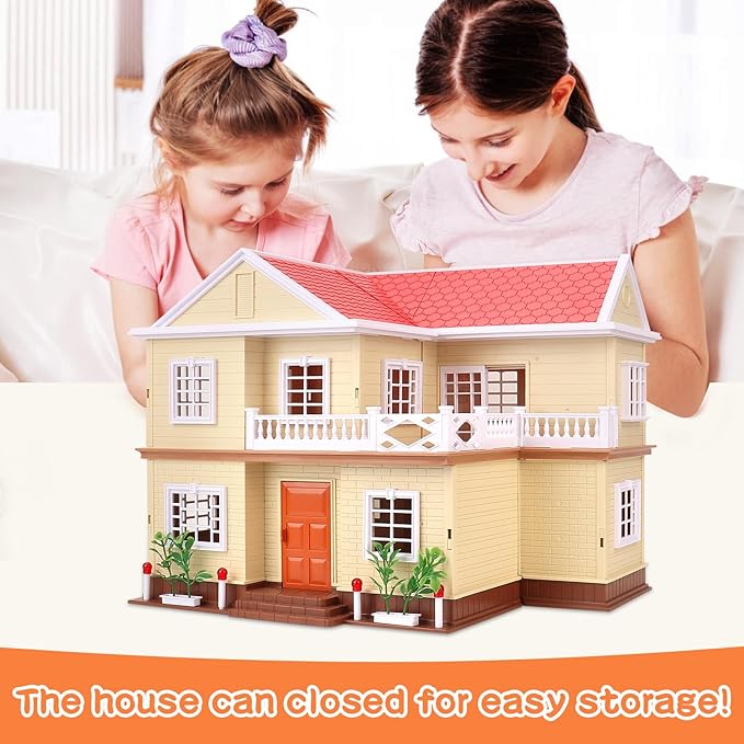 Family Cozy Cabin Doll House Playset, Dollhouse Furniture and Accessories,DIY Cottage Pretend Play Dollhouses, for Toddlers, Boys & Girls